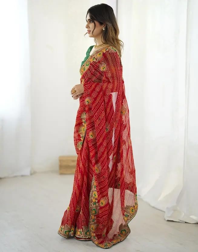 Image of Women's Georgette Bandhani Printed Embroidery Saree with Unstitched Blouse Piece