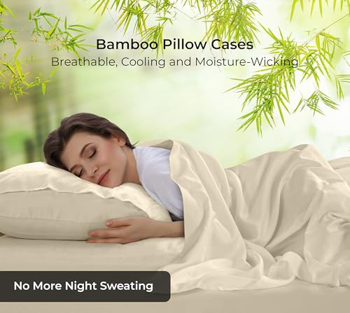 Image of Royale Linens Cooling Pillow Cases Standard Size Set of 2-100% Rayon Derived from Bamboo Cooling Pillowcase for Hot Sleepers - Soft & Silky Pillow Covers with Envelope Closure (Sand 20x26 Inches)
