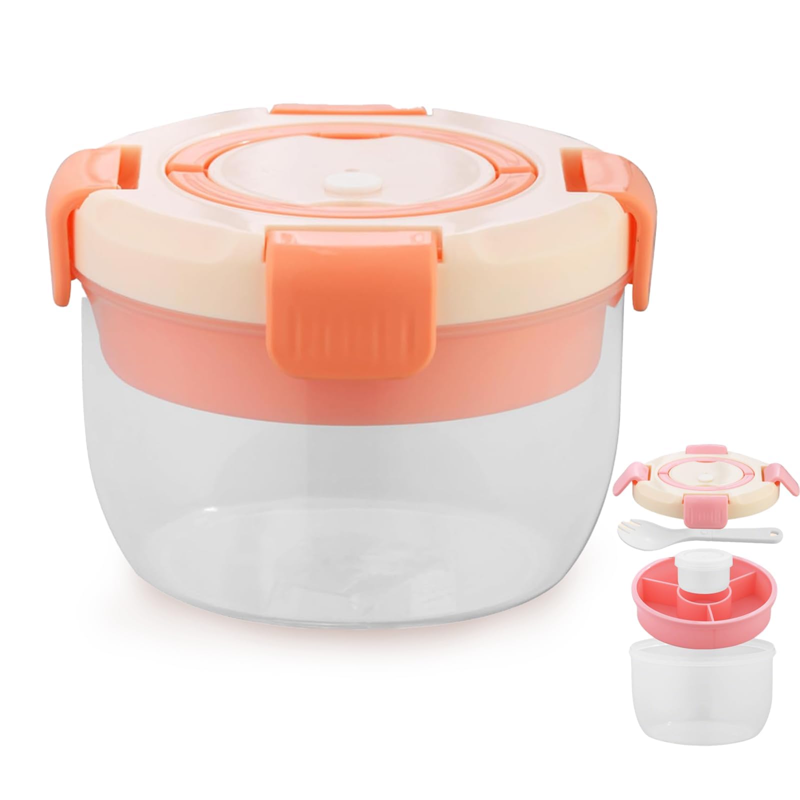Punorric Salad Bowl with Lid 1300ml - Lunch Box with Compartments Bento Box, Salad Lunch Box with Dipping Container & Spoon, Clear Microwave-Safe with Handle for Pasta, Candy, Chips, Fruit, Prep