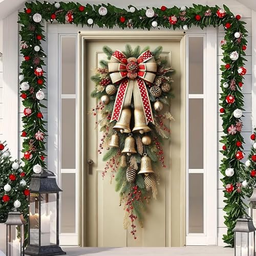 BlissYard Christmas Door Cover 71x35 Inch with Golden Bells and Red Bow Rustic Winter Door Banner...