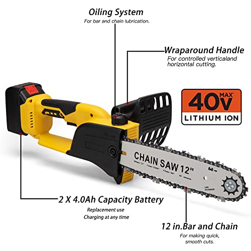 Ncoen Brushless 21V 12'' Handheld Lightweight Chainsaw Kit With Tool-Free Chain Tension & Auto Lubrication, Includes 4.0Ah Battery And Charger #TOP1