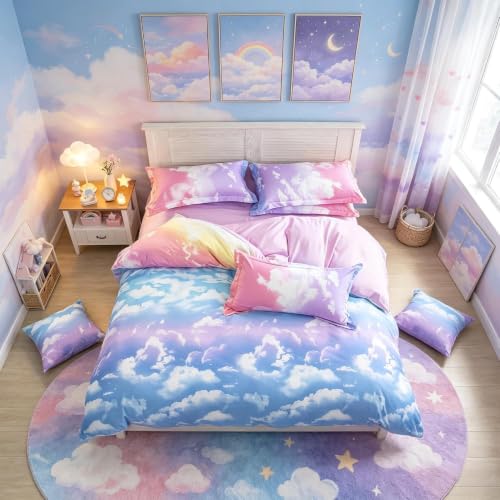 Cloud Sky Juego De Funda De Edredón Para Niñas Con Arcoíris Para Niños Y Niñas,Funda De Edredón De Rosa Suave Y Azul Cielo,Para Para Con Cremallera De King
