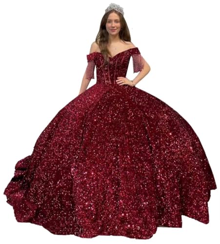 TRHTX Sparkly Sequin Quinceanera Dresses Off Shoulder Ball Gown Long A-line Prom Dresses with Tassels