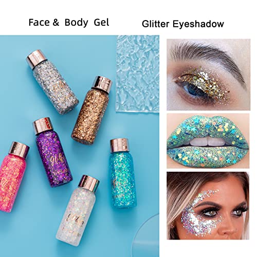 Mermaid Sequins Body Glitter, Long Lasting Chunky Holographic Face Glitter Gel, Sparkling Liquid Eyeshdow Loose Glitter Cream Set For Lip Hair Nail Festival Makeup 3 * 30G, (White+Silver+Champagne) #TOP3