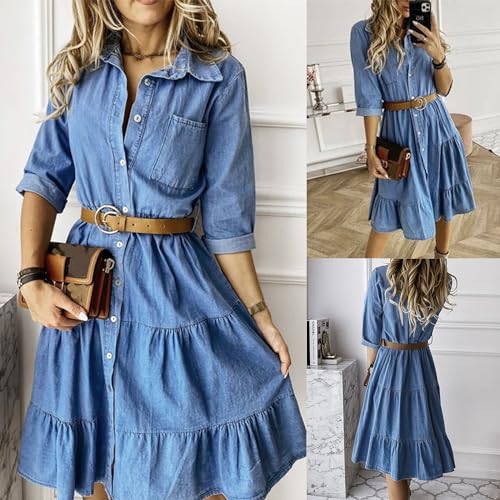 utcoco Womens Button Down Denim Dress Casual Loose Fit Cuffed Sleeve Ruffled Jean Dresses for Women 2025(no Belt)2