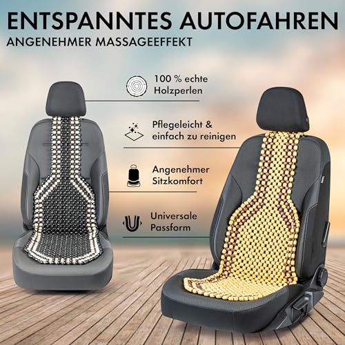 Walser CarComfort Sitzauflage aus Holzperlen, Sitzaufleger Holzkugeln, Massage Autositzauflage Holz, Universal Sitzmatte schwarz/weiß 13551