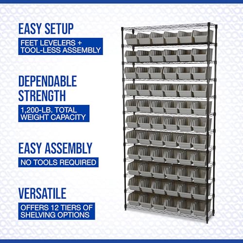 Image of Strongway 12-Tier Single Side Wire Shelving Unit with 66 Bins - 39.5in.L x 16in.W x 80.5in.H