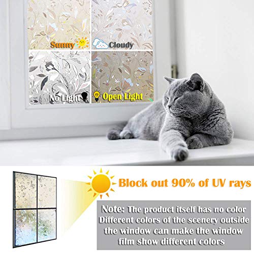 Zindoo Privacy Window Film 3D Window Sticker Static Non-Adhesive Window Covering Film Stained Glass Window Film Flowers Door Film Decorative 90cm x 200cm - Image 4