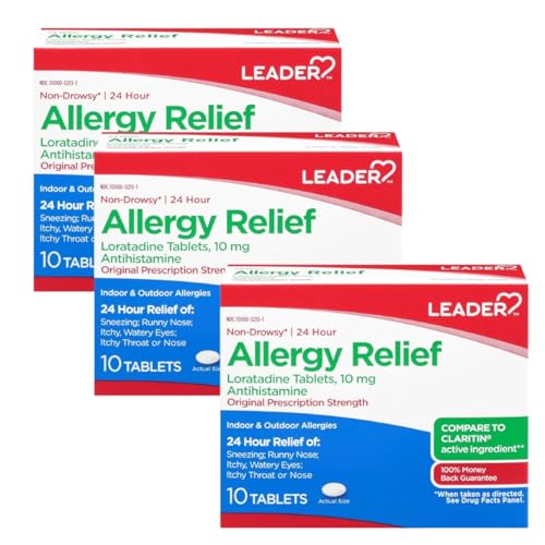 Leader 24 Hour Allergy Relief, Loratadine 10mg Tablets, Non-Drowsy, Antihistamine, Indoor and Outdoor, Counteract Allergy, 10 Tablets, Pack of 3