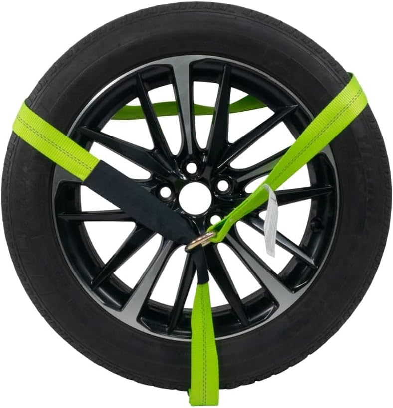 Mytee Products (4 Pack) 2" x8' Car Tie Down Ratchet Lasso Straps with Chain Anchor - 3,335 LBS WLL - High Viz Green Car Hauler Tire Straps for Trailers - Tie Down for UTV, Trucks, ATV