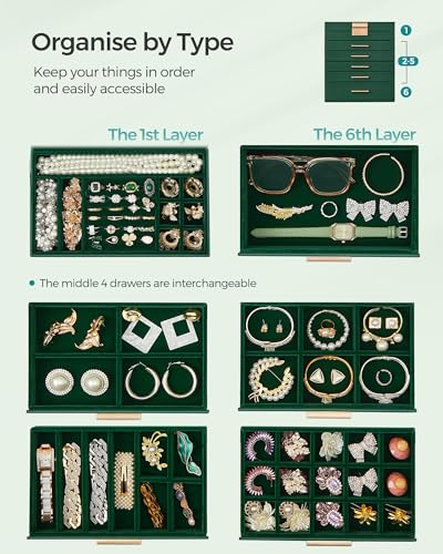 image for SONGMICS Jewelry Box Organizer with Glass Lid, 6-Layer Jewelry Storage