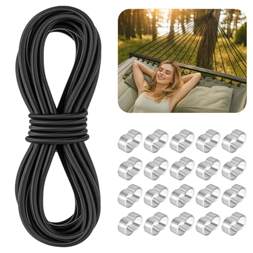 HGRGHH Pulpo Pulpos Elasticos Negro, Cuerda Elastica 6mm x 10m con 20 M9 Virolas de Alumini, Tensores Elasticos para Remolques, Toldos, Lonas, Costura, Camping, Manualidades de Bricolaje