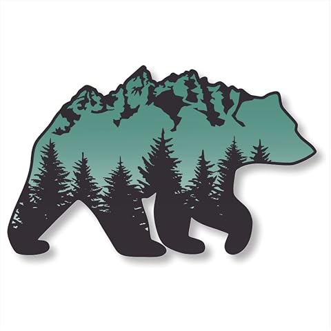 Byzee Grand Tetons Brown Bear Decal, Premium Vinyl Montana GrandTeton Mountain Range Vehicle Sticker, Green & Black Pine Trees Forest Graphic for Car or Truck Window, Door, Laptop (4x2.5 inch) Cover