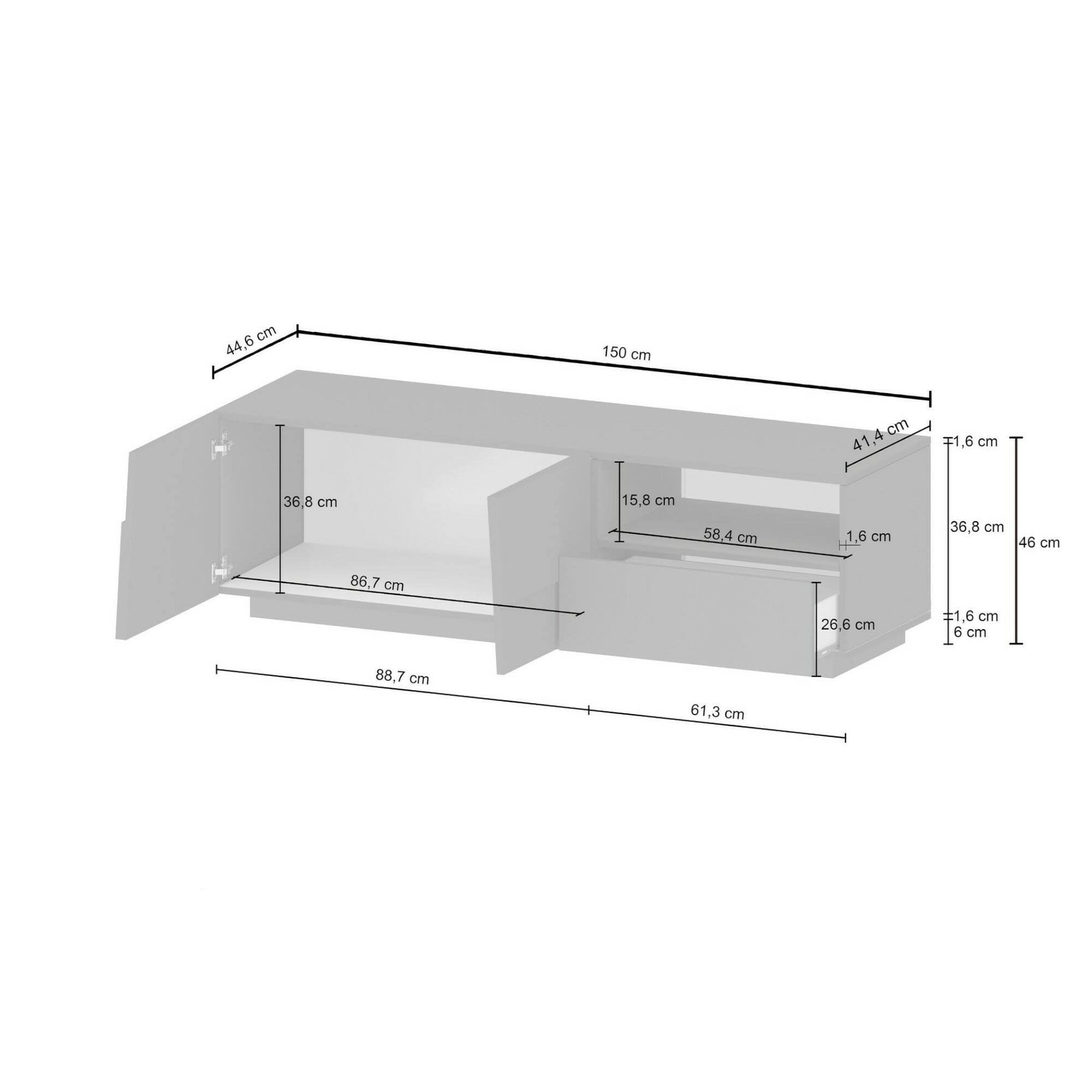 Dmora - Mobile porta TV Velio, Credenza bassa da soggiorno con 2 ante e 1 cassetto, Base porta TV, 150x44h46 cm, Bianco lucido