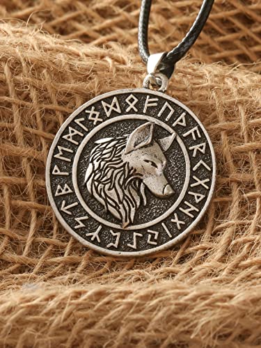 HAQUIL Viking Wolf Necklace, Ancient Runes Medallion with Fenrir Wolf Head Pendant, Viking Jewelry Gift4