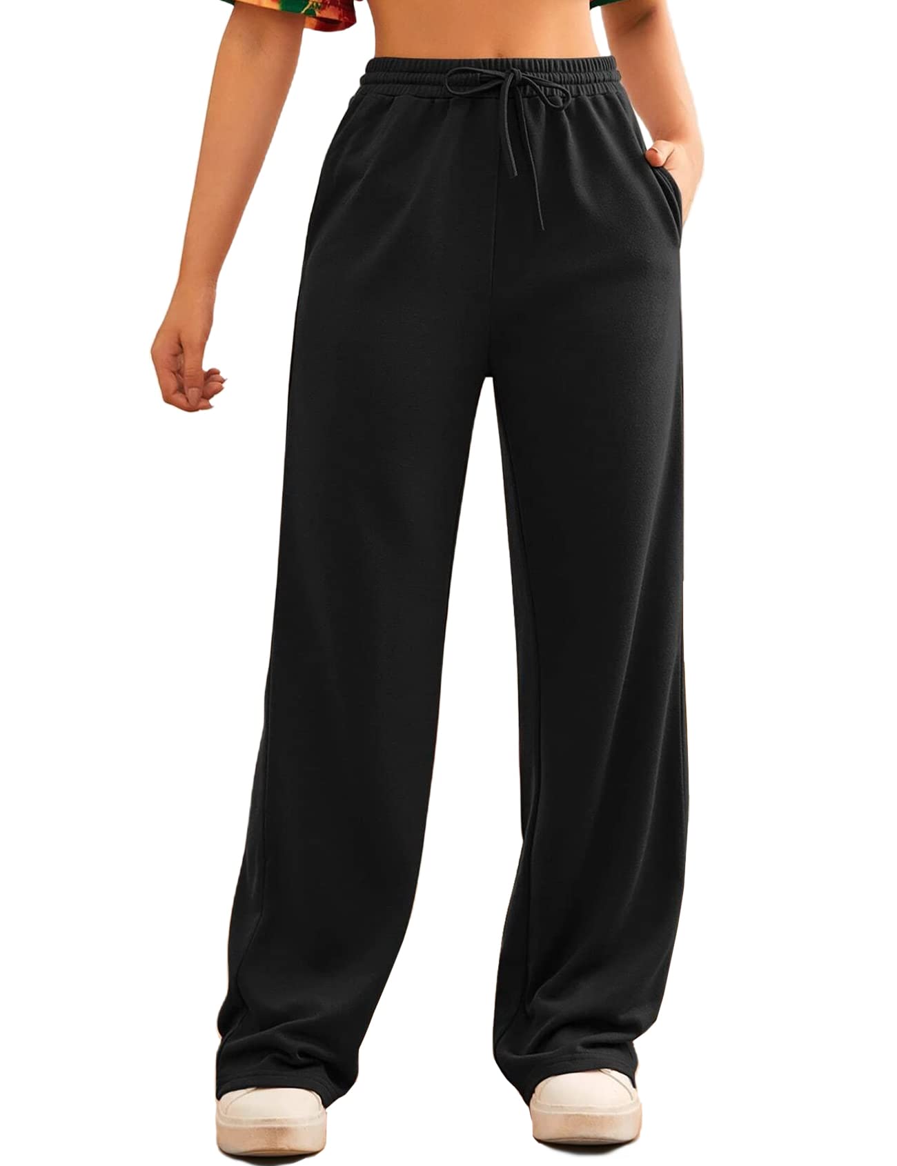 FACDIBY Womens Wide Leg Jogging Bottoms Elastic High Waist Drawstring Loose Pants with Pockets, 02-black, XS-S : Amazon.co.uk: Fashion