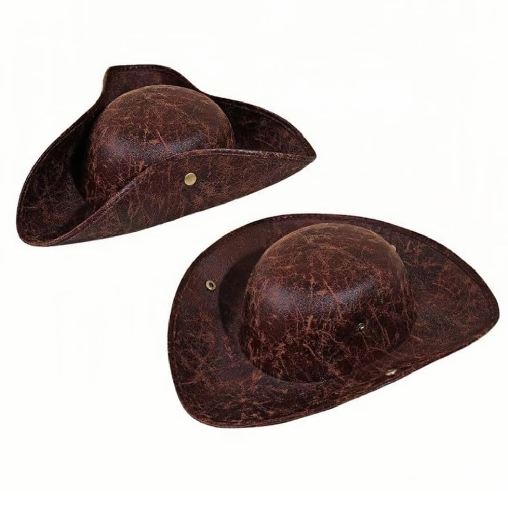 XGOPTS Pirate Hat for Men Women Classic Brown Leather Distressed Colonial Style Tricorn Hat Fancy Dress Colonial Medieval Headwear Accessory for Pirate Theme Party Halloween Cosplay Festival - Image 2