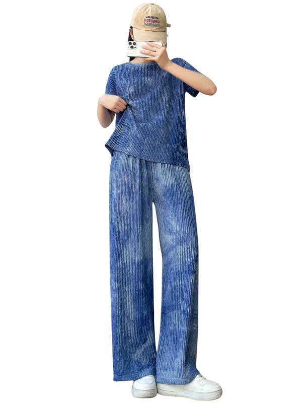 Women's Cotton Blend Tie-dye Relaxed Fit Stylish Pajama Sets || Short Sleeve Top & Long Pant Sleepwear Pjs Lounge Set Co-ords Outfit with Pockets