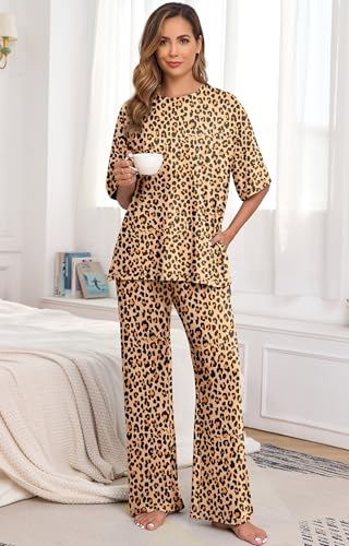 Image of PrinStory Womens Pajamas Sets 2 Piece Lounge Set Short Sleeve Tops and Long Pants Soft Pjs Loungewear with Pockets
