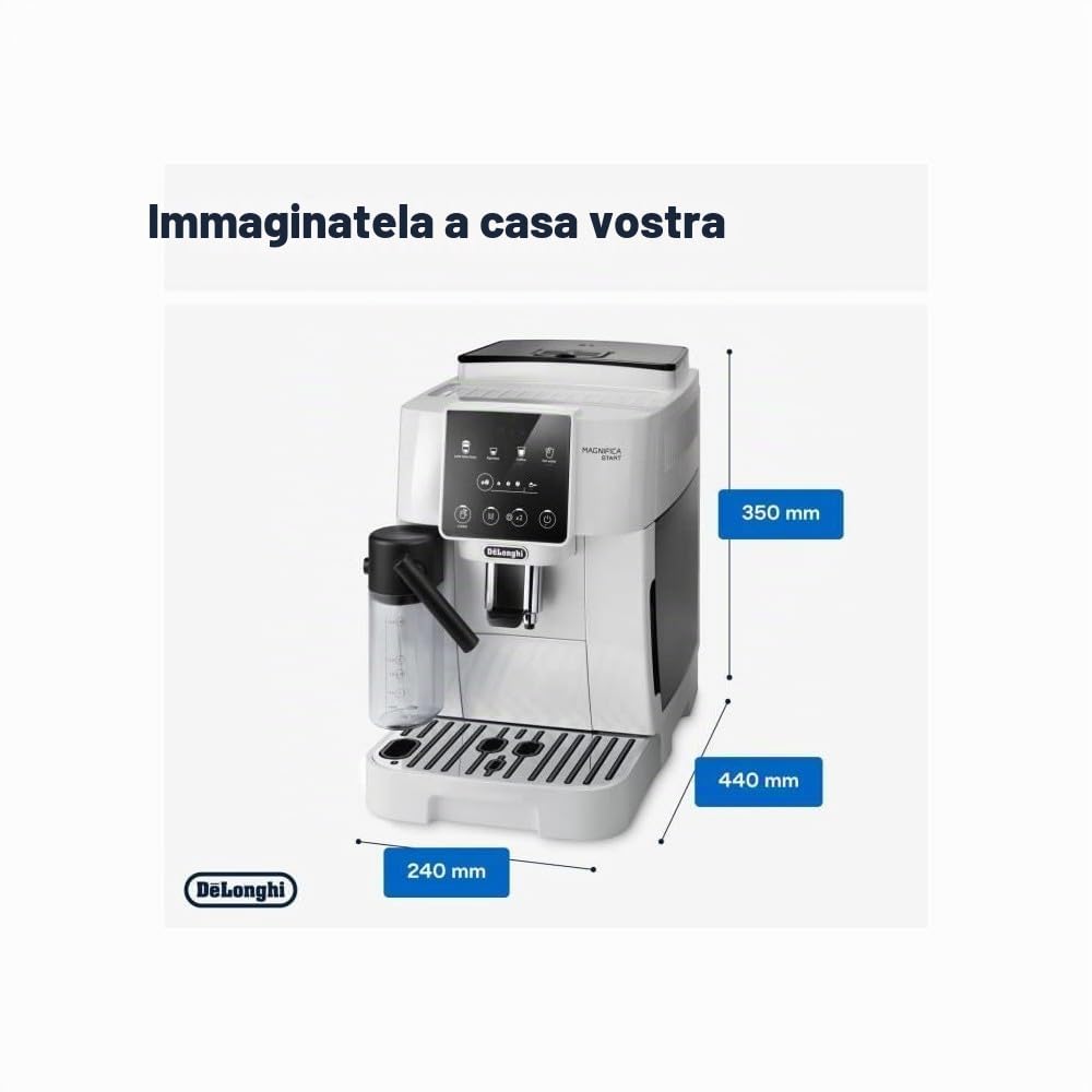 De'Longhi Magnifica Start ECAM220.61.W, Macchina Caffè Automatica dal Chicco alla Tazza, 4 Ricette One-Touch, Sistema Latte Crema Hot, Montatore Automatico Latte, Pannello Controllo Soft-Touch, Bianco
