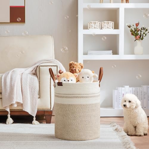 Image of VIPOSCO 53L Tall Woven Rope Laundry Hamper, Leather Handles, Brown & White