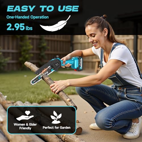 Mini Akku Kettensäge 2 x 4000 mAh 6 Zoll Mini Kettensäge mit Akku 880W reinem Kupfermotor und Sicherheitsverriegelung Elektrische Handkettensäge für präzises Schneiden von Ästen und Holz im Garten