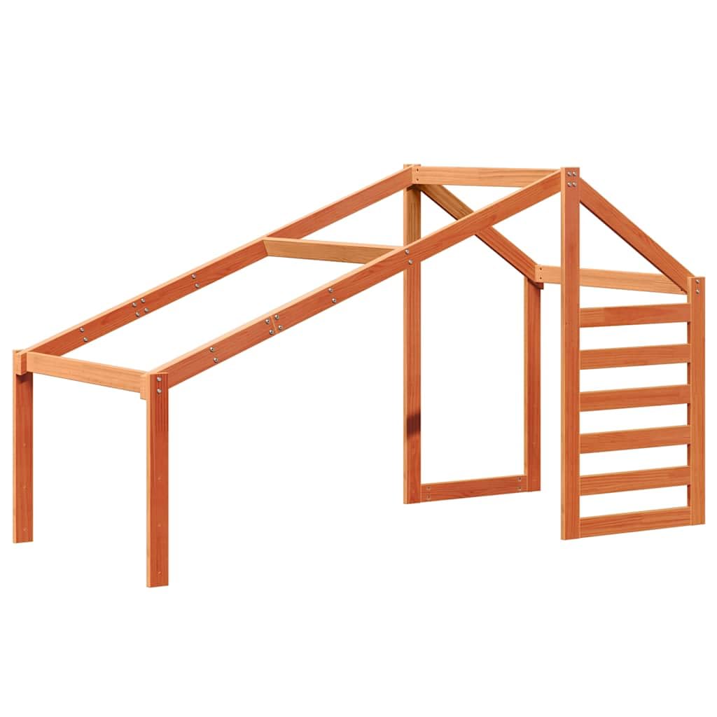 Techo de madera maciza de pino para cuna de 188 x 97 x 113 cm en color marrón cera. Estructura de techo rústica con lado abierto para facilitar el acceso. Accesorios de juego duraderos y