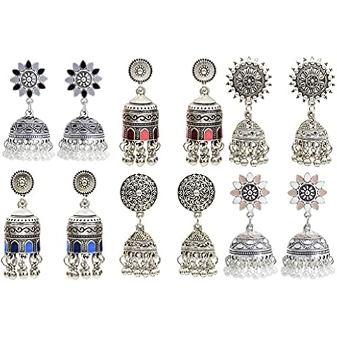 6 Pairs Indian Jhumka Jhumki Ethnic Dangle Earring Sets for Women Vintage Silver Gold Long Tassel Bell Drop Earrings Boho Jewelry (A) Cover