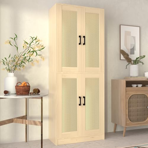 DIYART Oak Rattan Kitchen Pantry Cabinet, 71\" Tall Kitchen Pantry Storage Cabinet with Doors, Boho Kitchen Pantry Hutch with Storage for Kitchen, Dining Room - Thumbnail 3