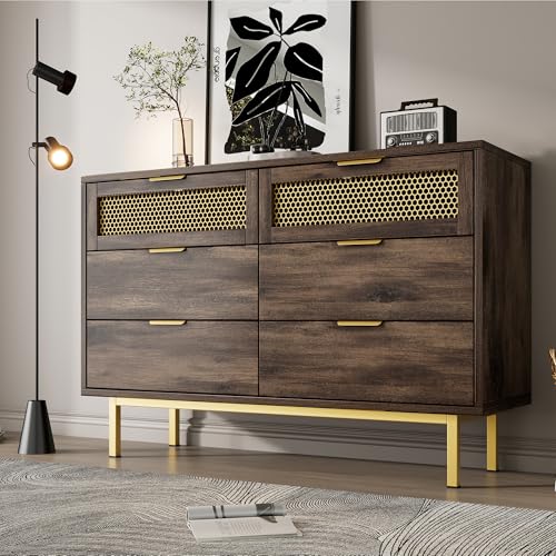 buiesjole Armario aparador con 6 cajones, 120 x 40 x 76 cm, marrón oscuro, tiradores de metal, armario multiusos para pasillo, dormitorio, sala de estar y habitación infantil