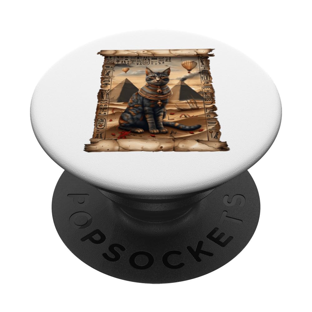 Pyramid Papyrus Scroll Retro Desert Egyptian Art Cute Cat PopSockets Swappable PopGrip, Black