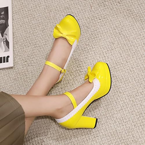 Image of Mary Jane Shoes for Women Bow Lolita Shoes Kawaii Platform High Heels Dress Pumps Yellow