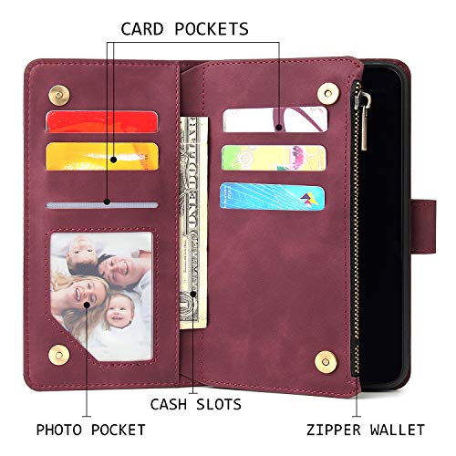 UEEBAI Wallet Case for iPhone XR, Premium Vintage PU Leather Magnetic Closure Handbag Zipper Pocket Case Kickstand Card Holder Slots with Wrist Strap TPU Shockproof Flip Cover - Wine Red by UEEBAI - Image 2