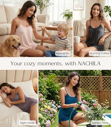 Image of NACHILA Women's Cami Pajamas-Viscose Made from Bamboo, Cool Camisole Pajama Sets Ribbed Pjs Shorts Set Sleeveless Sleepwear