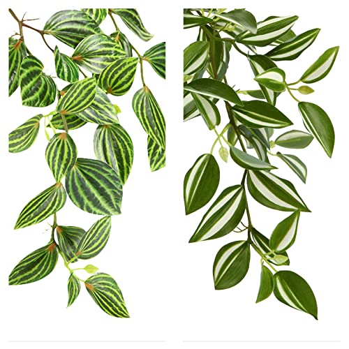Soguyi Fake Plants, Artificial Plants 15 Inch Faux Peperomia Watermelon Plants For Indoor Outdoor Decor,Realistic Artificial Hanging Plants In Pot For Home Office Perfect Housewarming Gift,2 Pack #TOP1