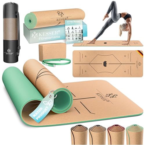 KESSER Yogamatte Set Rutschfest faltbar –TPE Gymnastikmatte, Trainingsmatte für Sport | Gymnastik dünn | Yoga - Fitness - Pilates Set Bodenschutzmatte + Tasche + dicker Tragegurt + Übungsheft, faltbar
