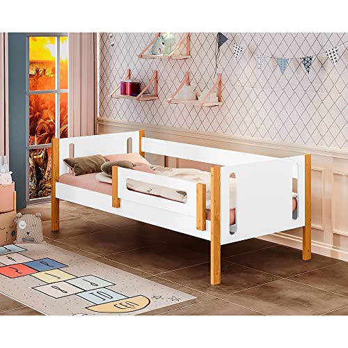 Cama De Solteiro Infantil Mirela Branco/Mel Com Grade De Proteção