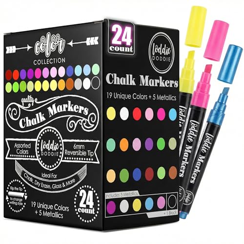 Loddie Doddie Chalk Markers - Pack of 24, 6mm Reversible Tips - Liquid Chalk Pens for Glass &...