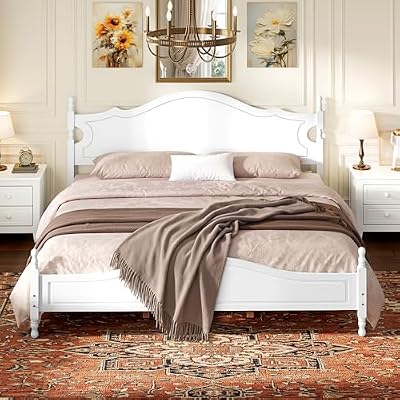 VOOTOLOVER King Retro Wood Bed, 500lb Capacity Platform Bed Frame