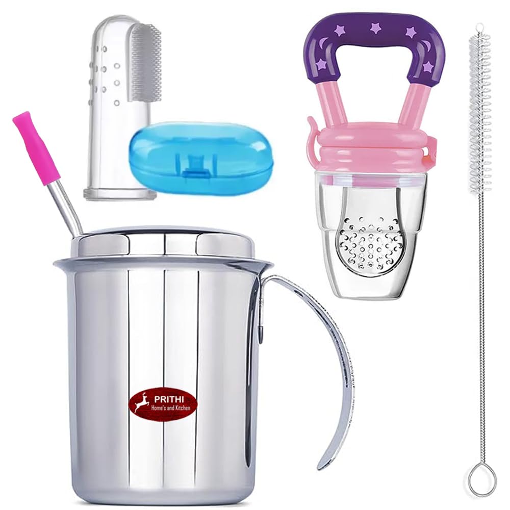 Prithi Home's and Kitchen Stainless Steel Sipper with Handle & Lid (Cap) 2 in 1 Use - Handle Tumbler or Straw Sipper-220 ML (SIPPYCUP+Fruit Nibbler+Baby Finger Brush+Straw Cleaning Brush) -Combo 3-image-23