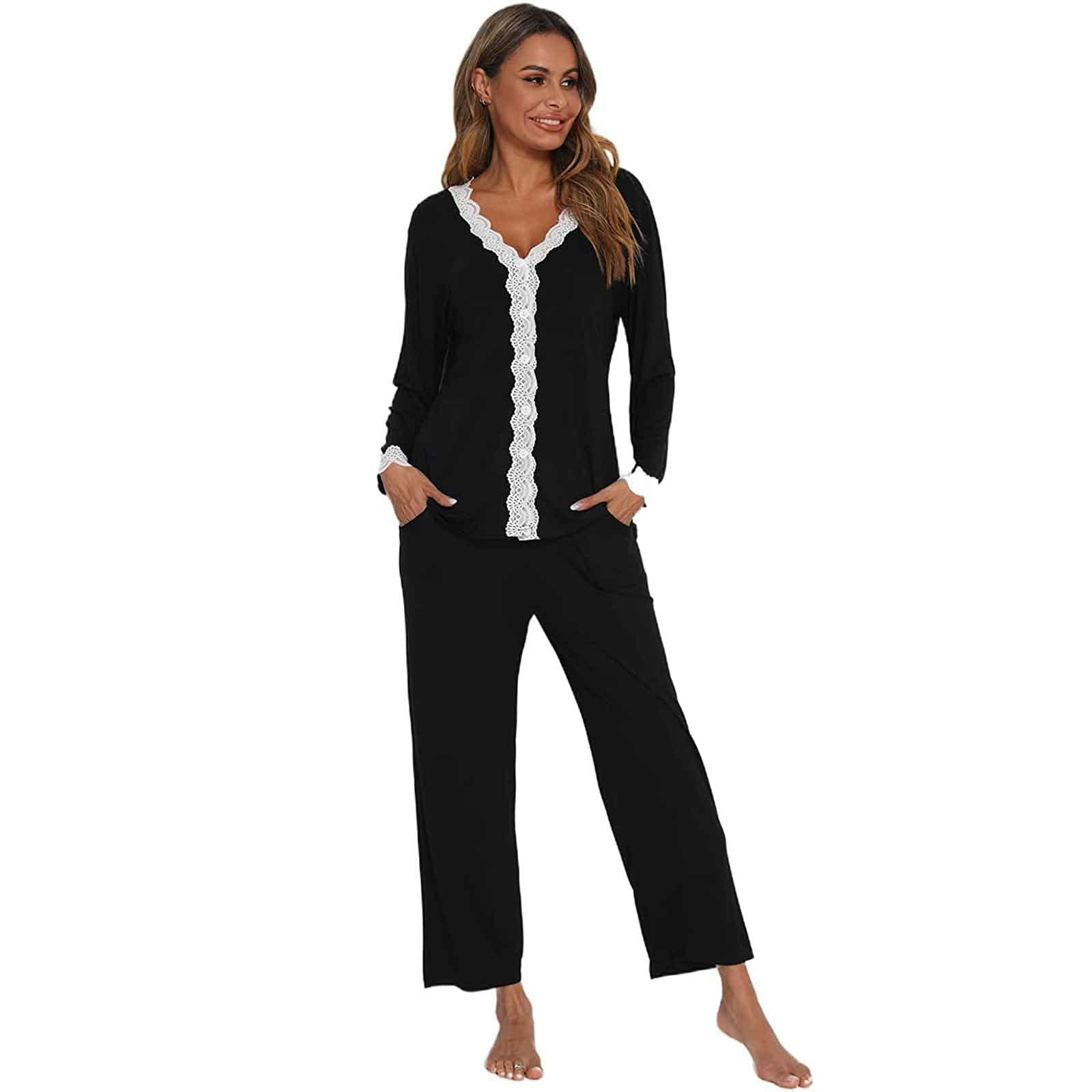 Jecarden Damen Schlafanzug mit Spitze Lang - Damen Pyjama Set Winter Langärmelig Nachtwäsche Zweiteiler Baumwolle Sexy Pyjama für Frauen weiche Loungewear