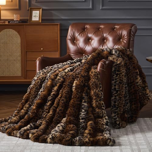 RYNGHIPY Faux Fur Blankets for Couch Bed Fluffy Warm Thick Throw Blanket for Bedroom Living Room Soft Cozy Plush Decorative Bubble Furry Blanket Cheetah Print Blanket (Leopard-Coffee 63x79)