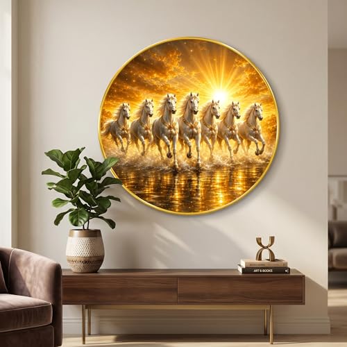 Image of SAF 7 Horse Vastu Round Wall Painting with Premium PVC Golden Frame, Golden White Running Horses Sunrise Water Art for Living Room Office Home Decor Gift (12 x 12 Inch) GRS-448