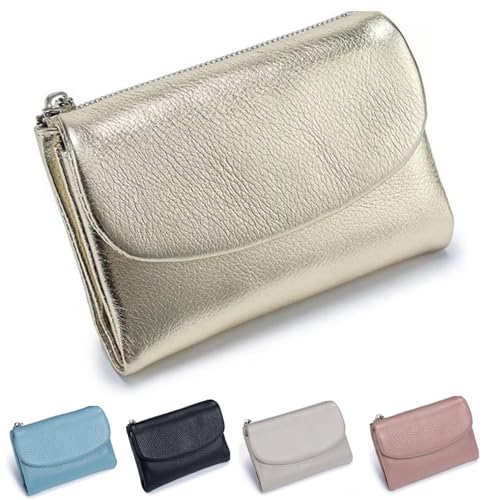 Unisex Pebble Leather Wallet, Small Wallets for Women, Coin Holder & Cash Slots, Genuine Leather Wallets for Men and Women, Small Compact Bifold Pocket Purse with Credit Card Holder (Gold)