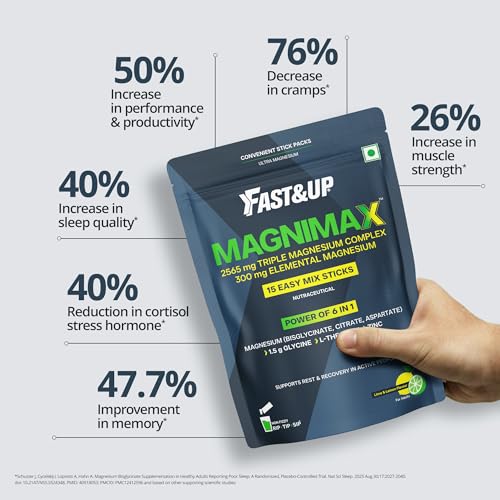 Image of Fast&Up Magnimax - Triple Magnesium Bisglycinate, Citrate, Aspartate | L-Glycine, L-Theanine, Zinc | Power of 6-in-1 | Lime & Lemon Flavour - 15 stick packs in a Pouch