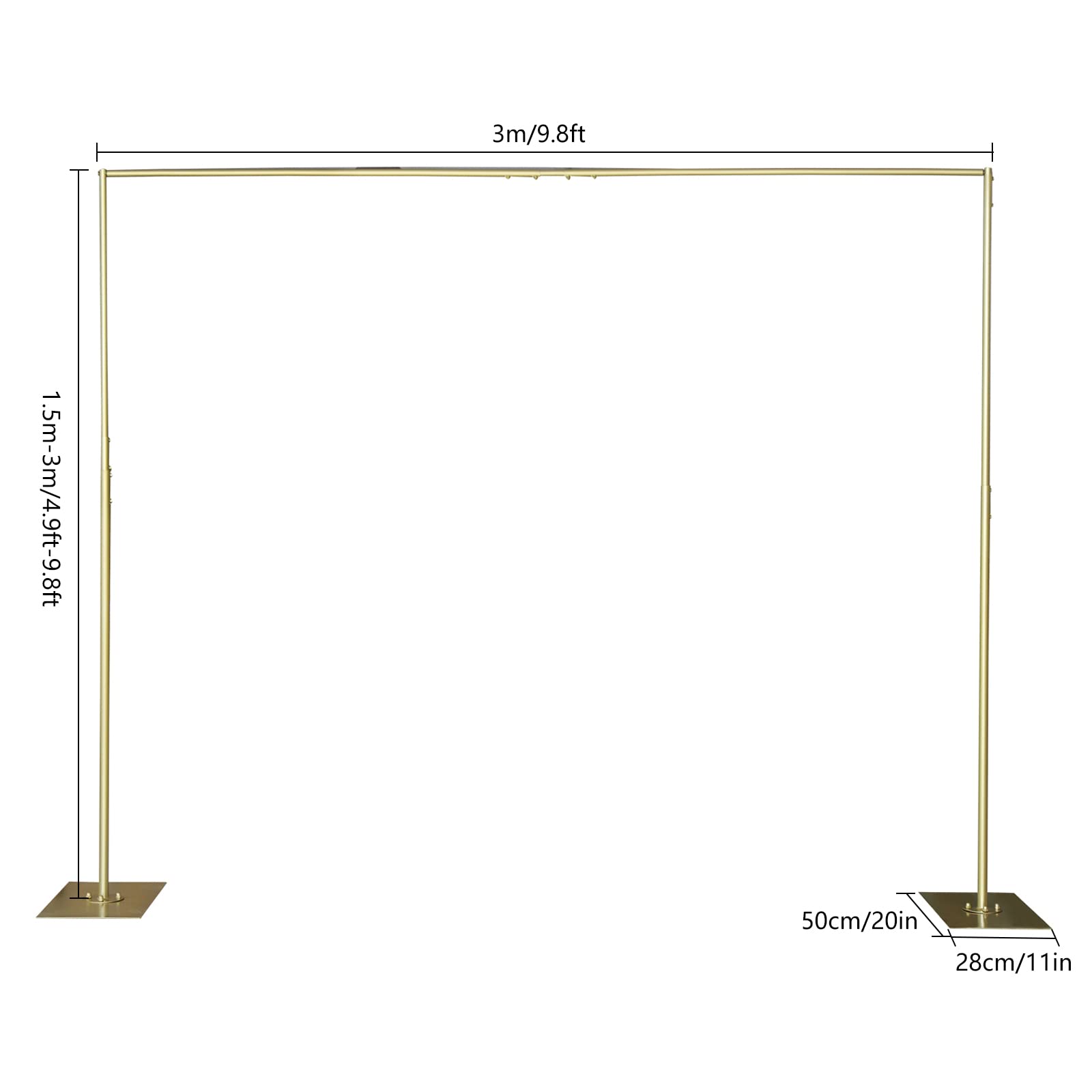 Heavy Duty Pipe Drape Kit Height Adjustable Backdrop Stand Backdrop Support with Metal Steel Base for Weddings, Birthday Parties, Baby Showers, Etc (Gold)
