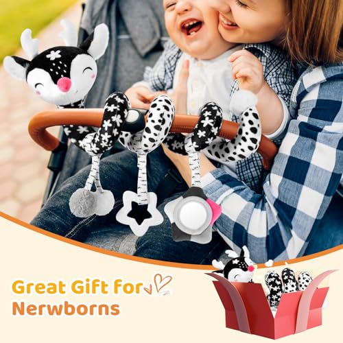 Image of Car Seat Toys for Babies 0-6 Months Boy&Girl, Carseat Toys Hanging Black and White High Contrast Toy for Baby 0-3 Months, Spiral Activity Plush Toys Stroller Toys for 0 3 6 9 12 Months Baby Ideal Gift
