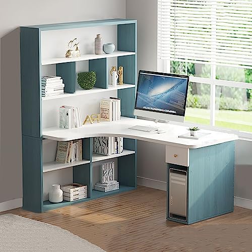 HM&DX L Shaped Desk with Hutch,Modern Wood L-Shaped Corner Desk with Drawers,47 Inch Computer Desk with Storage Shelves,Writing Study Table for Home Office Workstation Furniture