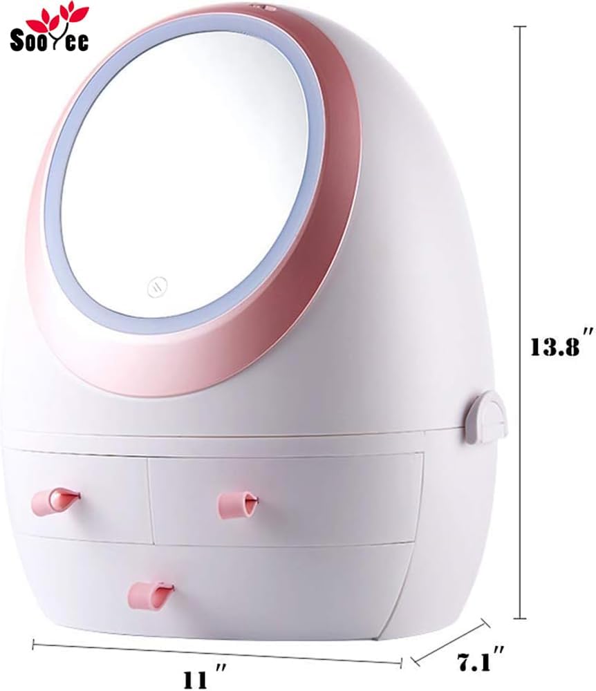 Sooyee Makeup Organizer,Bathroom Counter Organizer, Modern Jewelry and Cosmetic Display Cases with Led Lighted Mirror,Make Up Organizer Stands for Bathroom, Dresser, Vanity Countertop