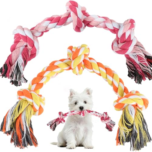 SZEE Dog Rope Toy 2 Pack Rope Toys for Dogs Chew Ropes for Small Breeds Puppies Pull Toy for Tug of War Energy Release Boredom Relief and Teeth Cleaning 3 Knots 14 inches (Pink & Orange)